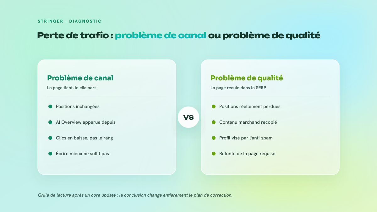 Comparaison en deux colonnes entre une perte de trafic due au canal (AI Overview apparue, positions inchangées) et une perte due à la qualité (positions perdues, contenu recopié).