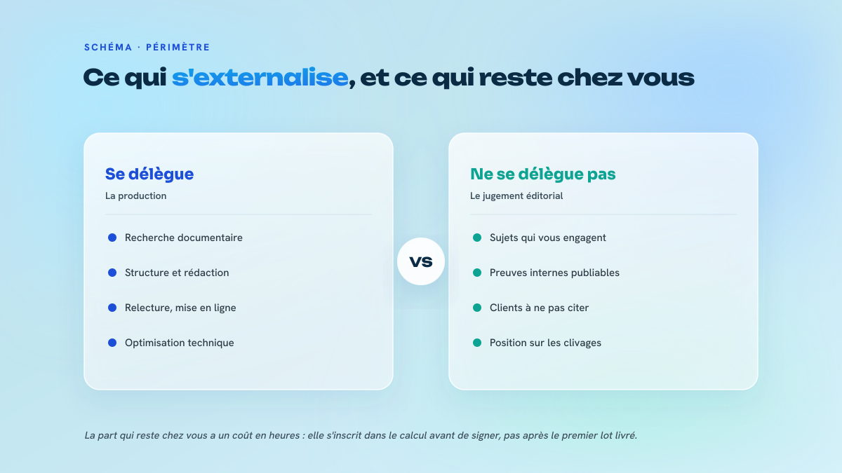 Comparaison en deux colonnes entre les tâches de production qui s'externalisent proprement et le jugement éditorial qui reste chez le donneur d'ordre.