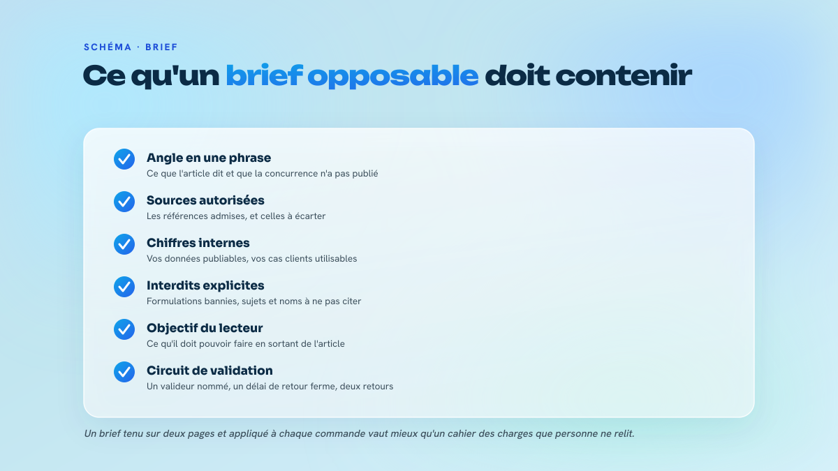 Liste de six éléments constitutifs d'un brief éditorial opposable : angle, sources autorisées, chiffres internes, interdits, objectif du lecteur et circuit de validation.