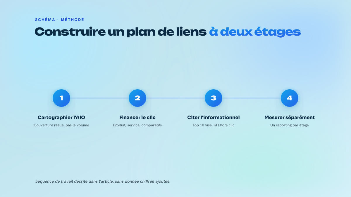 Processus en quatre étapes numérotées pour bâtir un plan de netlinking à deux étages : cartographier la couverture AI Overview, financer les pages qui convertissent, traiter l'informationnel comme actif de citation, et mesurer les deux étages séparément.