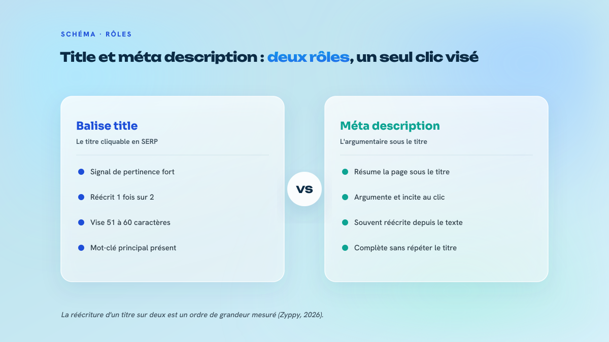 Comparaison des rôles distincts de la balise title et de la méta description dans le résultat de recherche.