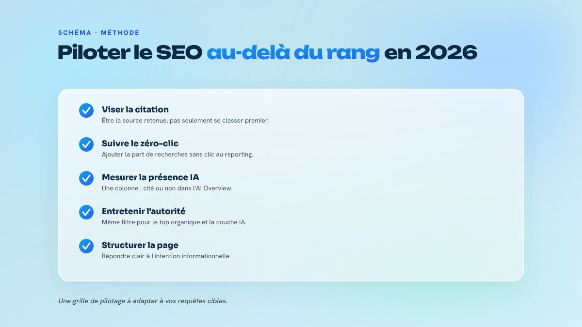 Checklist de cinq points redéfinissant le pilotage du SEO : viser la citation, suivre le zéro-clic, mesurer la présence en AI Overview, entretenir l'autorité et structurer la page.