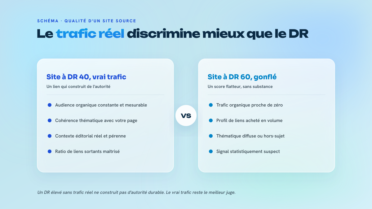 Comparaison de deux sites sources : à gauche un site à DR 40 avec du vrai trafic, à droite un site à DR 60 gonflé sans audience réelle.