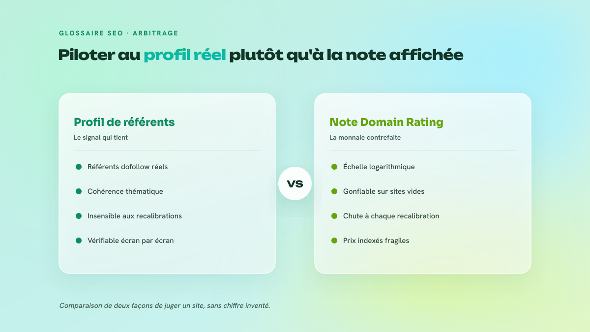 Comparaison en deux colonnes entre le pilotage par les domaines référents dofollow et le pilotage par la note Domain Rating.