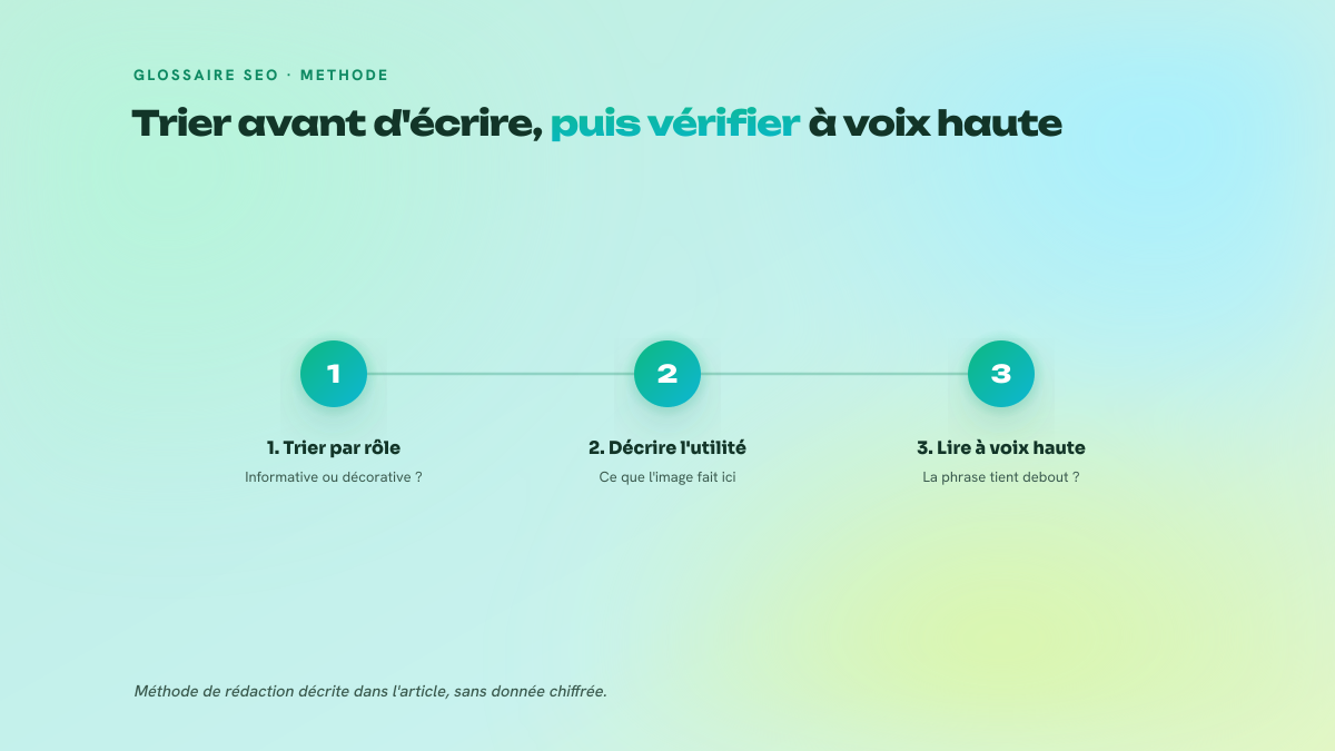 Trois étapes numérotées : trier les images selon leur rôle, décrire ce que l'image apporte, puis relire la page à voix haute pour valider le texte alternatif.