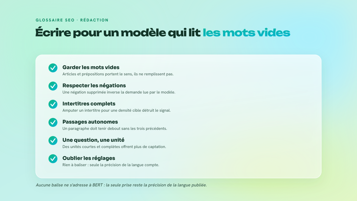 Checklist de cinq points de rédaction adaptés à l'attention bidirectionnelle et au passage ranking.
