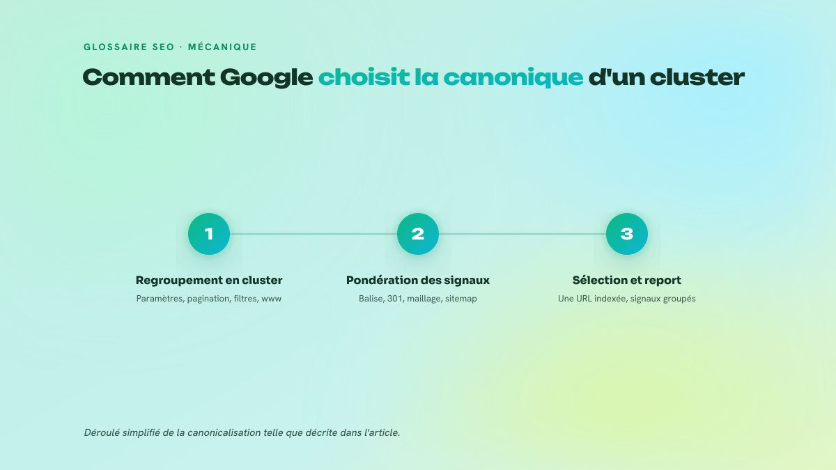 Processus en trois étapes montrant comment Google regroupe des URLs dupliquées, pondère les signaux puis concentre l'indexation sur une seule URL.