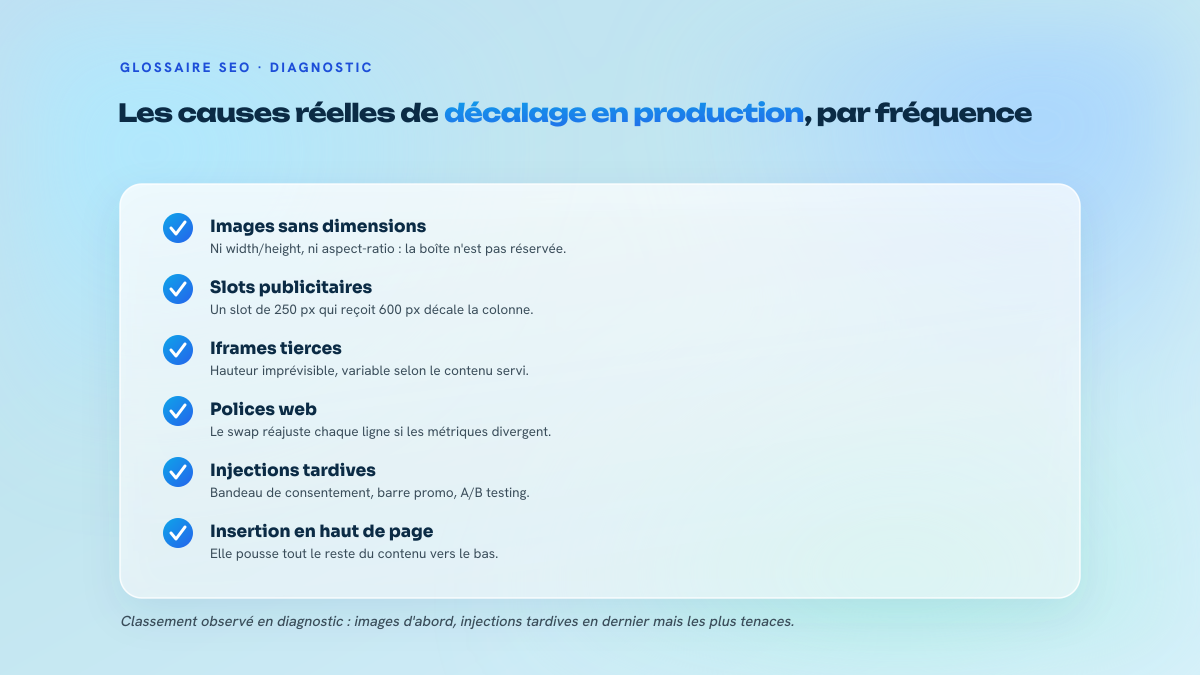Liste de cinq causes de décalage de mise en page en production, des images sans dimensions aux injections tardives de scripts.