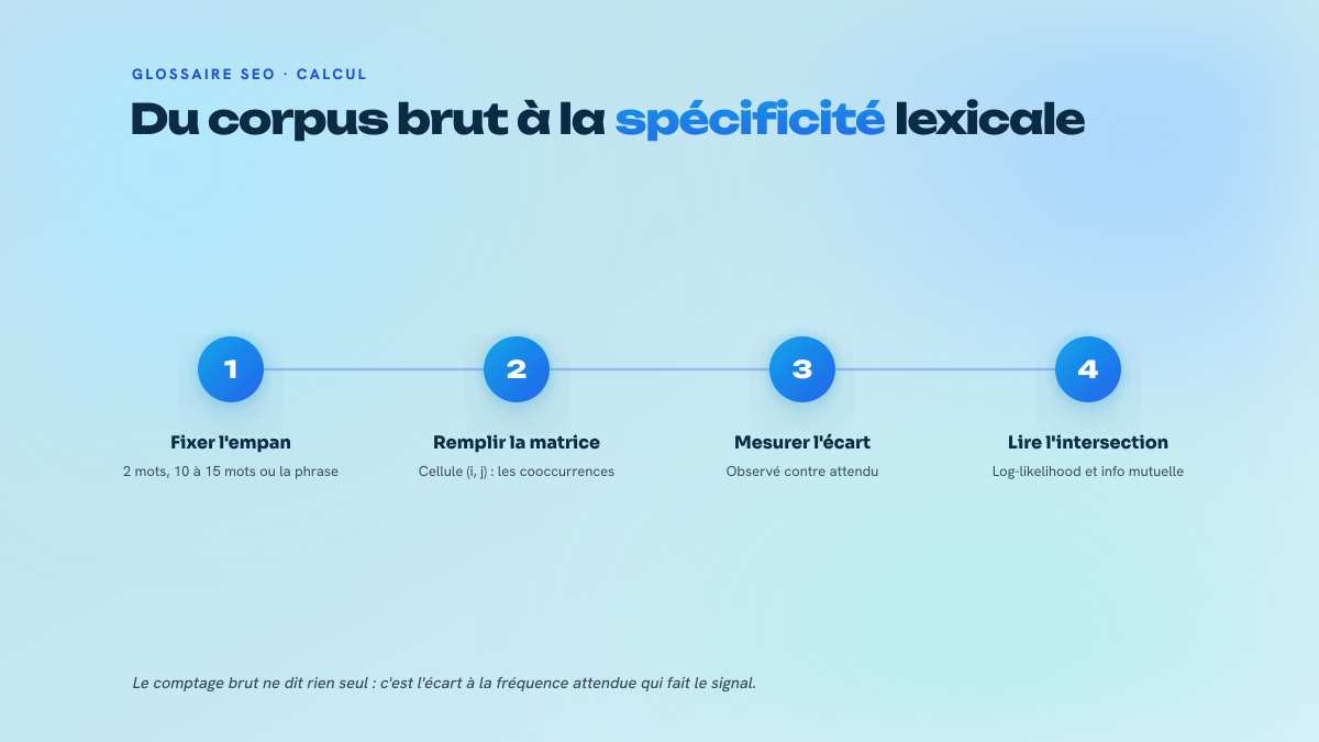 Processus en quatre étapes numérotées : choisir l'empan, remplir la matrice carrée de comptages, comparer l'observé à l'attendu, puis croiser log-likelihood et information mutuelle.