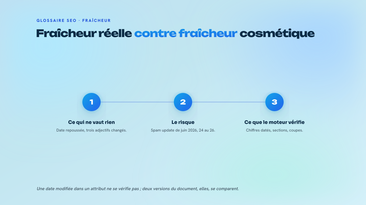 Trois étapes numérotées opposant la fraîcheur cosmétique, le risque encouru avec le spam update de juin 2026, et les signaux de fond vérifiables par le moteur.