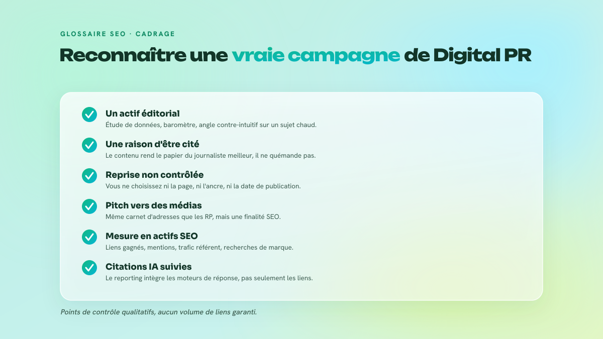 Checklist de six points de contrôle distinguant une campagne de Digital PR d'un simple placement de liens.