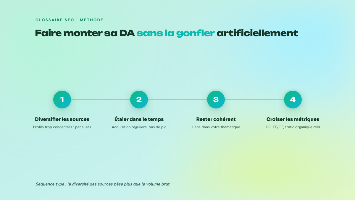 Processus en trois étapes pour améliorer sa Domain Authority : diversifier les sources de liens, étaler les acquisitions dans le temps, puis vérifier la progression avec plusieurs métriques.