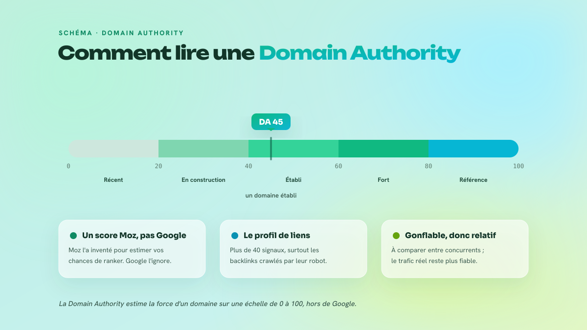 Jauge de la Domain Authority de 0 à 100 avec ses zones (récent, en construction, établi, fort, référence) et un curseur sur DA 45.