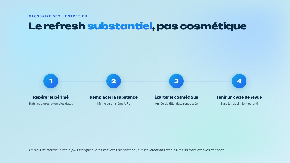Processus en quatre étapes numérotées pour actualiser un contenu evergreen : repérer les éléments périmés, remplacer la substance en conservant sujet et URL, écarter les signaux cosmétiques comme le changement d'année dans le title, et tenir un cycle de revue régulier.