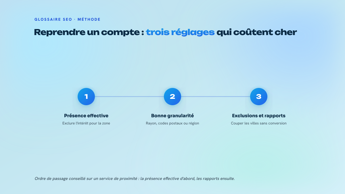 Trois étapes numérotées de paramétrage publicitaire : basculer sur la présence effective, choisir la granularité et poser les exclusions, puis lire les rapports géographiques.