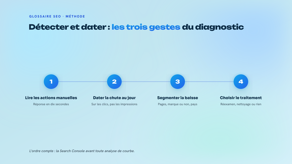 Schéma en quatre étapes numérotées : rapport actions manuelles, datation sur les clics, segmentation, choix du traitement.