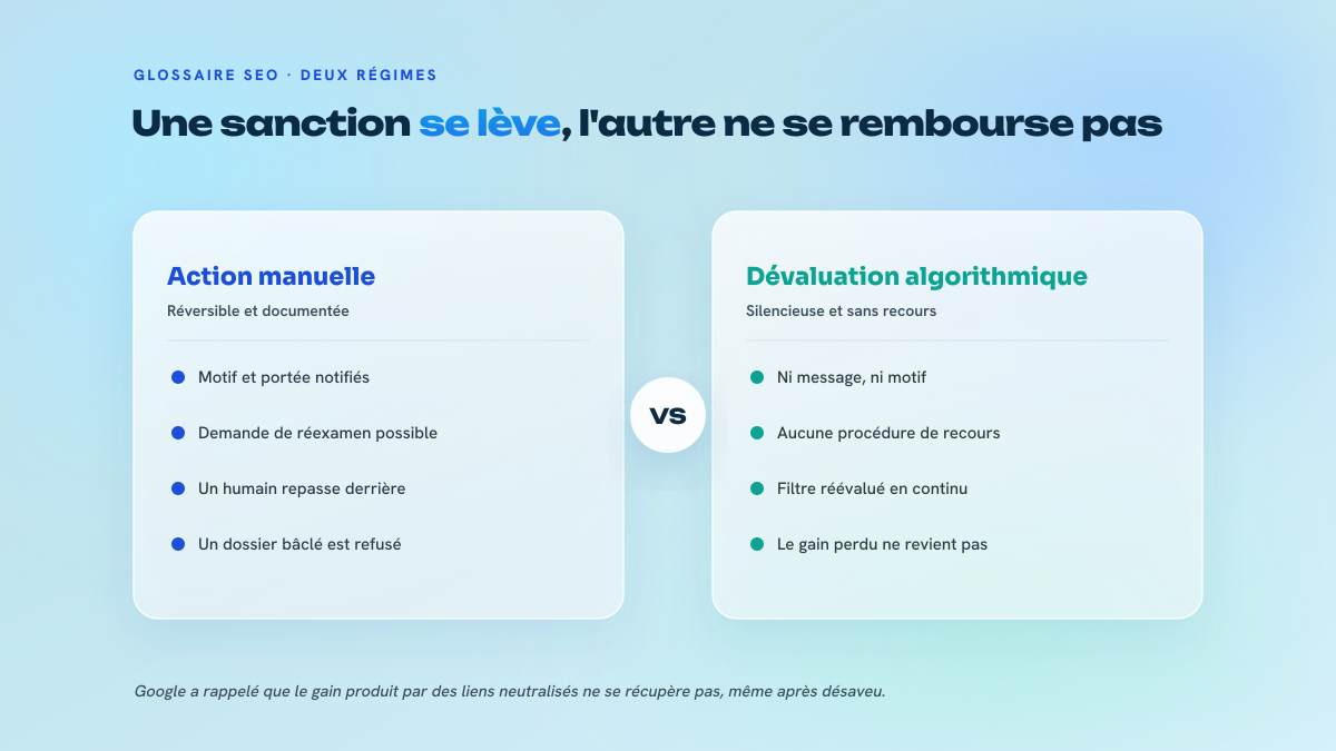 Comparaison en deux colonnes entre l'action manuelle réversible et la dévaluation algorithmique sans recours.