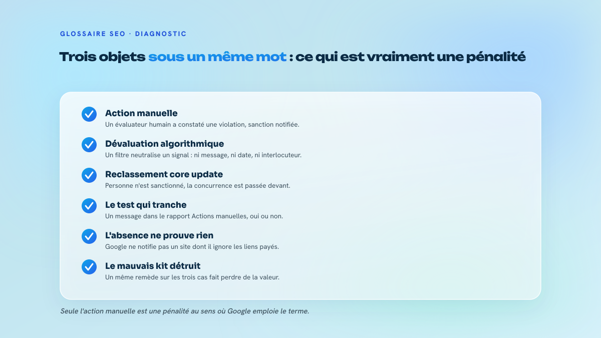Liste de six points distinguant action manuelle, dévaluation algorithmique et reclassement, avec le test de la Search Console.
