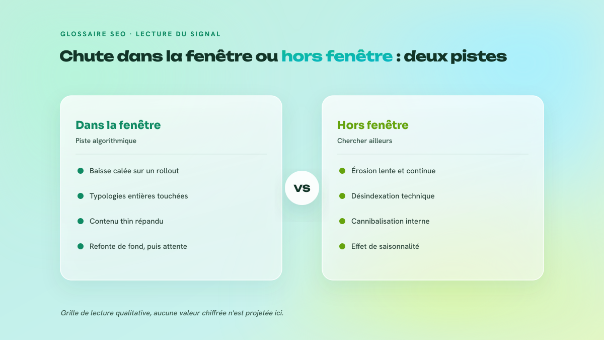 Comparaison en deux colonnes entre une baisse alignée sur un déploiement de core update et une baisse progressive hors fenêtre, avec les causes à explorer de chaque côté.