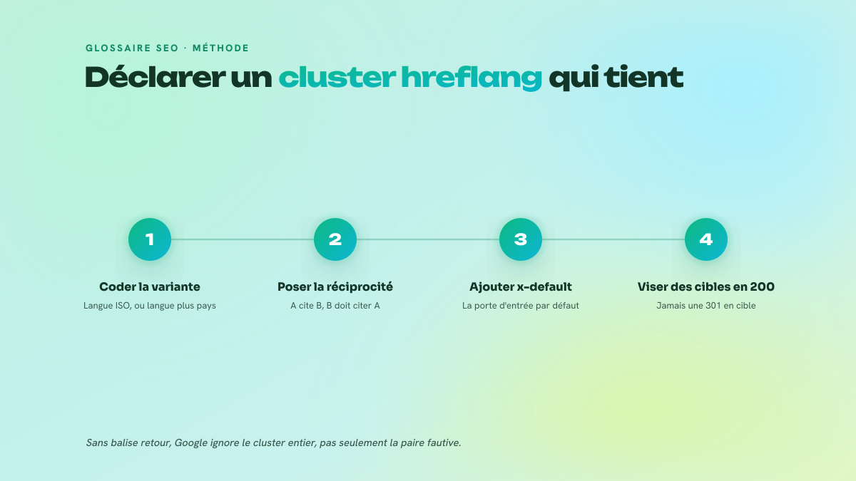 Schéma en quatre étapes numérotées montrant la mise en place d'un cluster hreflang : codage de la variante linguistique, réciprocité entre pages, ajout de x-default et pointage vers des URL répondant en 200.