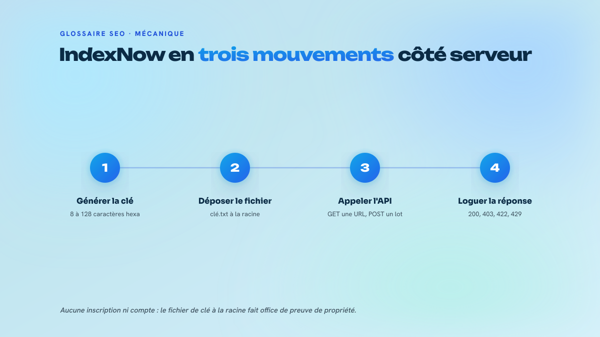 Schéma en trois étapes numérotées : génération de la clé hexadécimale, dépôt du fichier texte à la racine du domaine, puis envoi de la requête à l'API IndexNow.