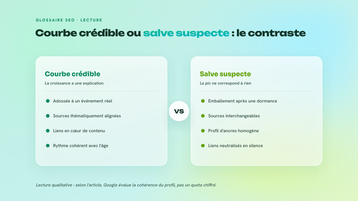 Comparaison en deux colonnes entre une acquisition de liens crédible, adossée à un événement réel et à des sources alignées, et une salve suspecte, homogène et sans historique qui la justifie.