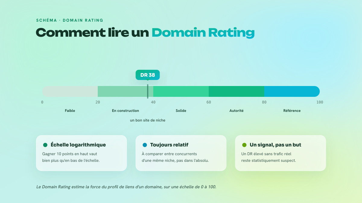 Jauge du Domain Rating de 0 à 100 avec ses zones (faible, en construction, solide, autorité, référence) et un curseur sur DR 38.