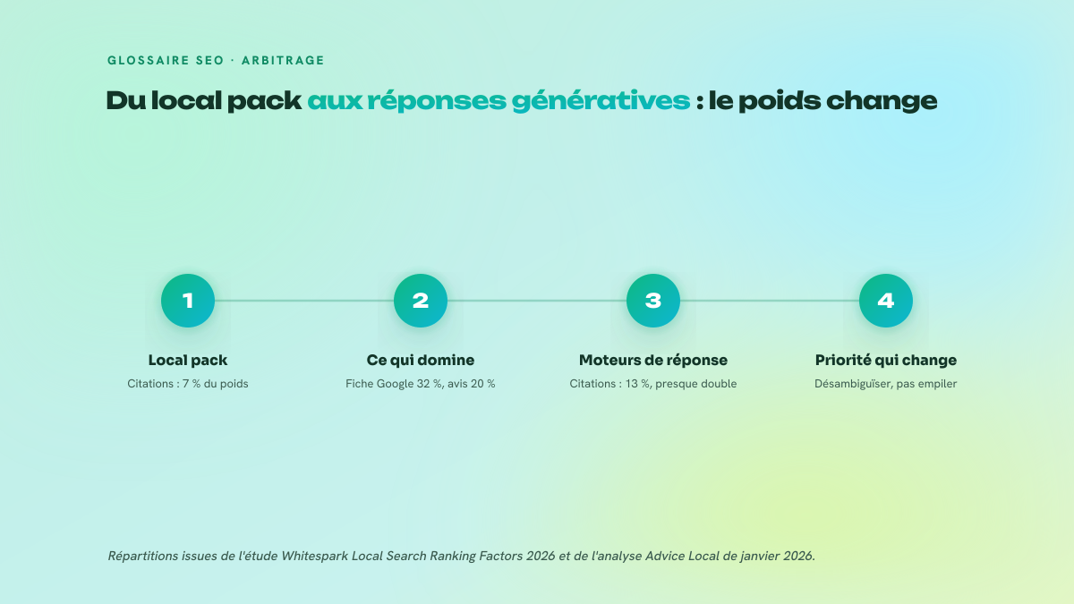 Quatre étapes numérotées comparant le poids des citations locales : 7 % dans le local pack, dominé par la fiche Google à 32 % et les avis à 20 %, contre 13 % dans les moteurs de réponse, d'où une priorité mise sur la désambiguïsation.