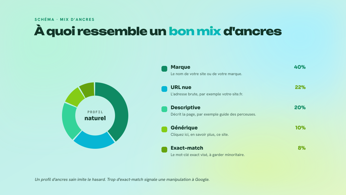 Donut du mix d'ancres d'un profil naturel : marque 40%, URL nue 22%, descriptive 20%, générique 10%, exact-match 8%.
