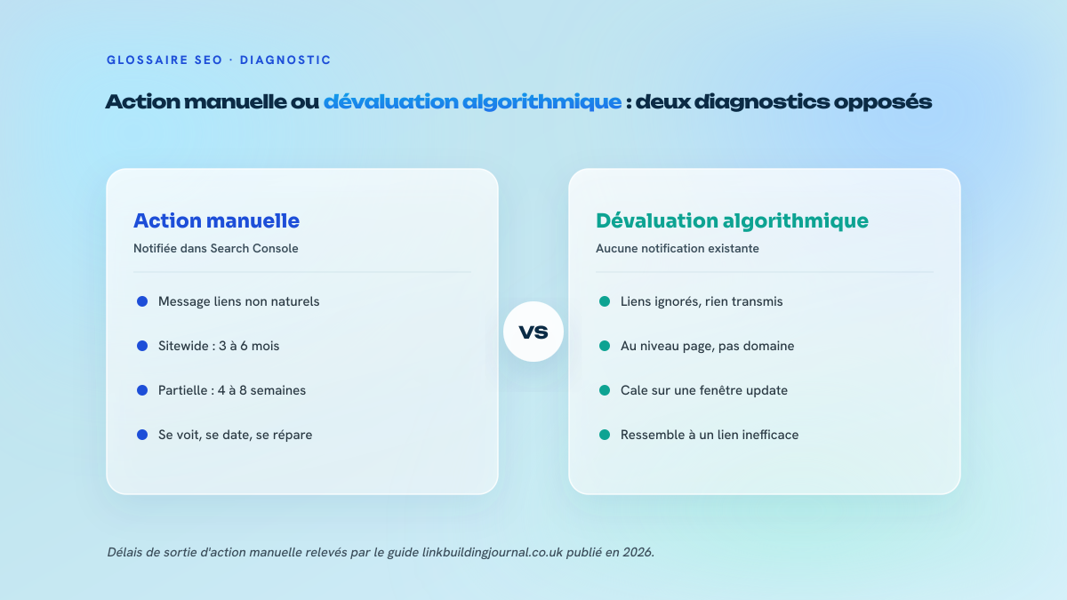 Comparaison en deux colonnes entre l'action manuelle, notifiée dans Search Console avec des délais de sortie de 3 à 6 mois en sitewide et 4 à 8 semaines en partielle, et la dévaluation algorithmique, sans notification et diagnostiquée par corrélation temporelle.