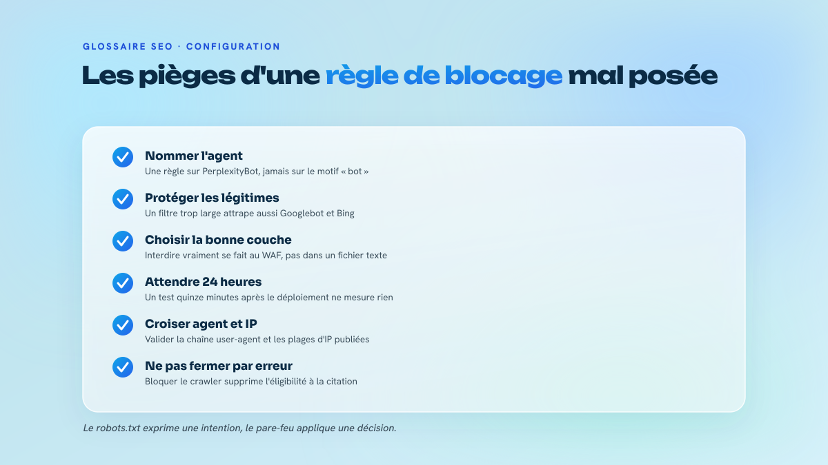 Liste de contrôle des erreurs classiques de configuration face aux crawlers IA : motif générique, couche inadaptée, délai de prise en compte, absence de croisement avec l'IP source.