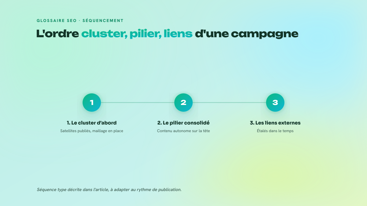 Schéma en trois étapes numérotées montrant l'ordre d'une campagne : publication du cluster, consolidation du pilier, puis acquisition de liens externes.