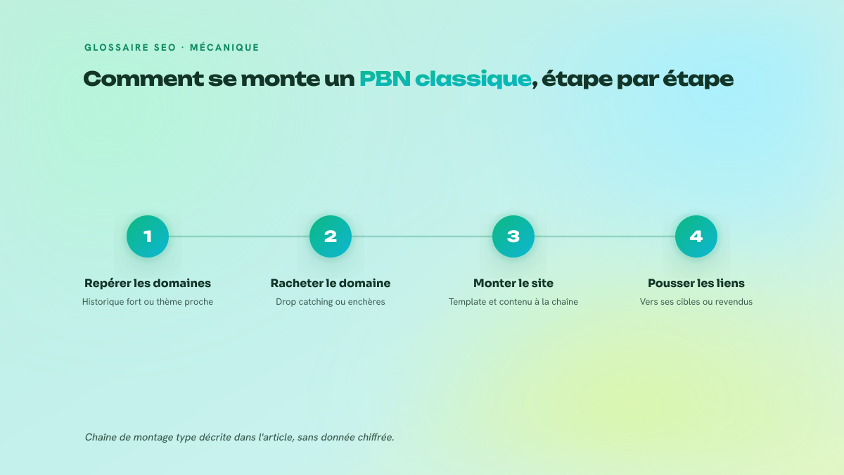 Processus en quatre étapes de construction d'un private blog network : repérage de domaines expirés, rachat aux enchères, montage du site standardisé, puis placement de liens vers les sites cibles.