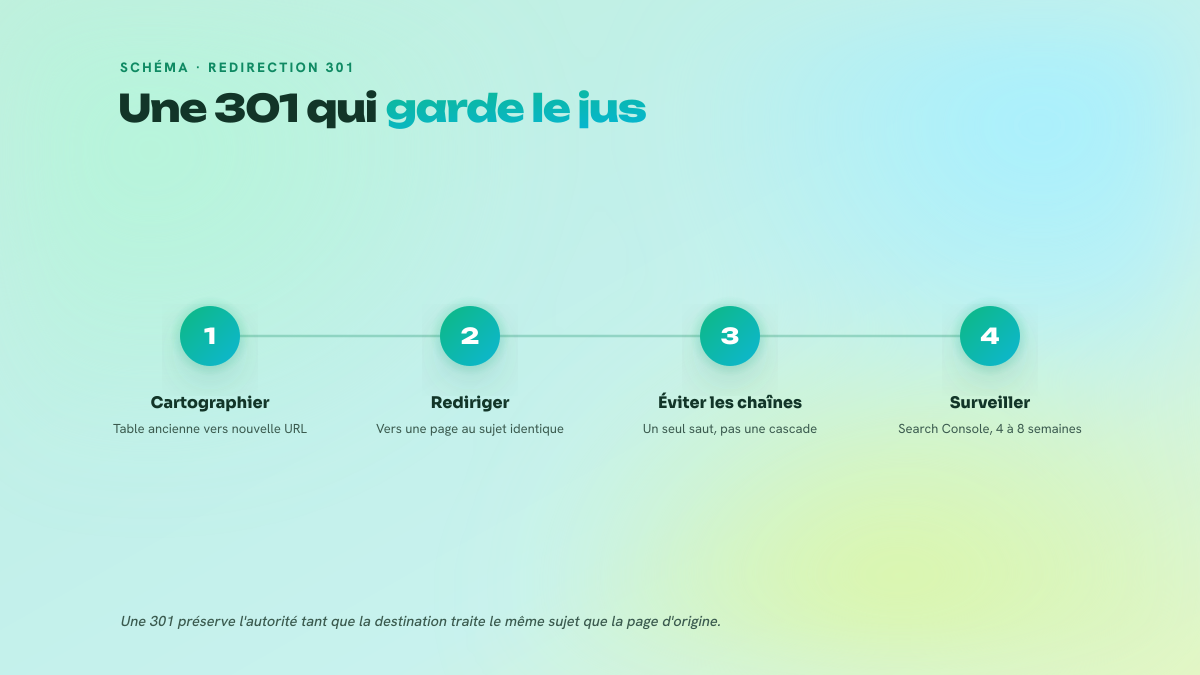 Les quatre étapes d'une redirection 301 qui préserve l'autorité : cartographier les URL, rediriger vers un sujet identique, éviter les chaînes, surveiller la migration.