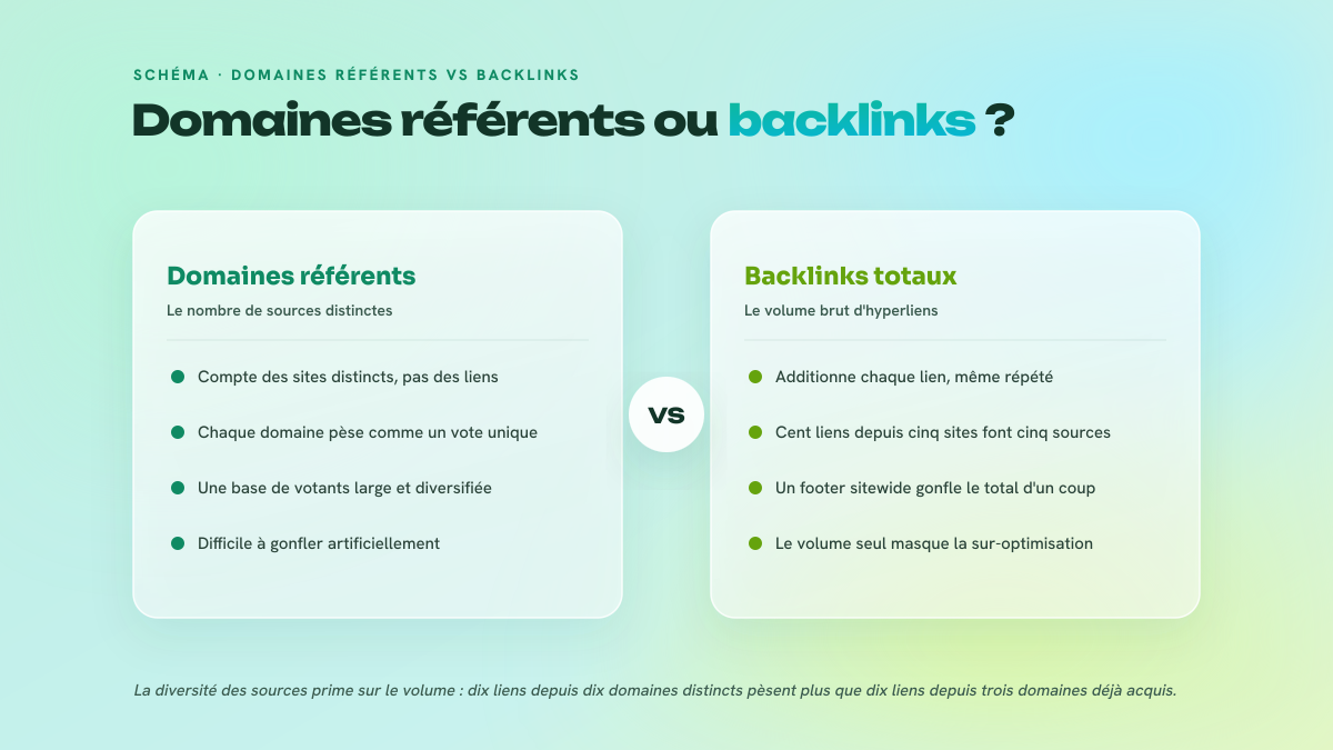 Comparaison entre les domaines référents, qui comptent les sites distincts pointant vers une page, et les backlinks totaux, qui additionnent chaque hyperlien : la diversité des domaines pèse davantage que le volume brut de liens.