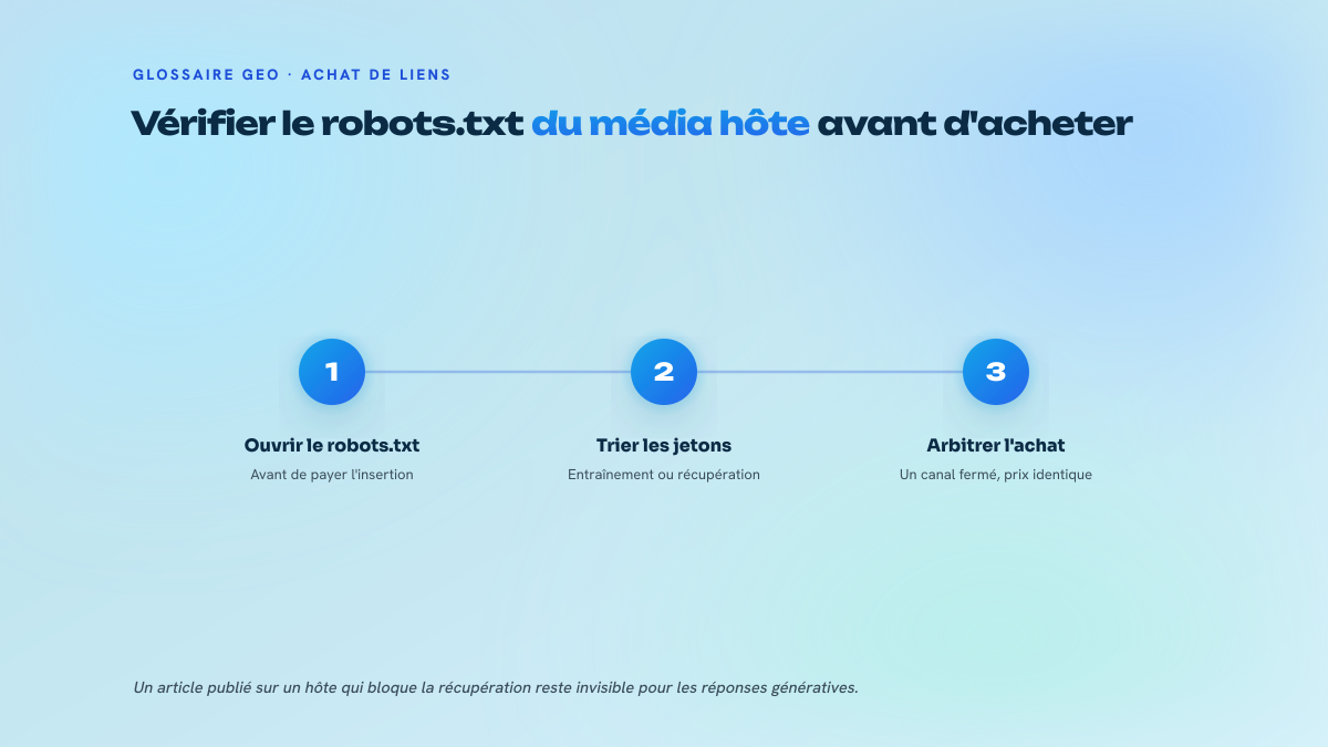 Processus en trois étapes numérotées pour contrôler le robots.txt d'un site avant d'y acheter un lien : ouvrir le fichier, trier les jetons, arbitrer l'achat.