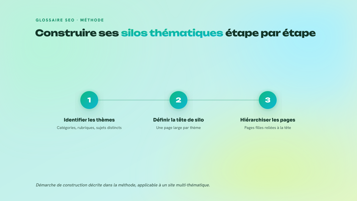 Processus en trois étapes : identifier les thématiques, définir la tête de silo, hiérarchiser les pages secondaires et le maillage.
