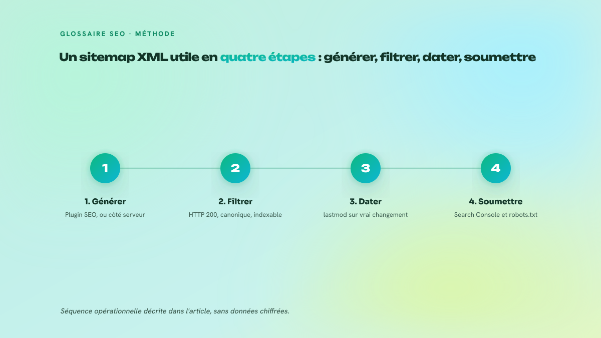Figure en quatre étapes numérotées montrant la méthode d'un sitemap XML utile : générer le fichier, filtrer les URL, dater avec lastmod, puis soumettre dans Search Console.