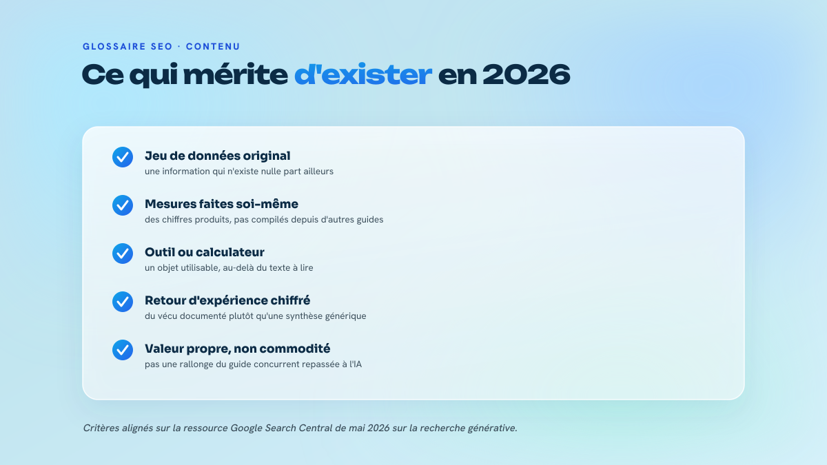 Checklist des attributs d'un actif skyscraper viable en 2026 : données originales, mesures propres, outil ou calculateur, retour d'expérience chiffré, valeur unique non commodité.
