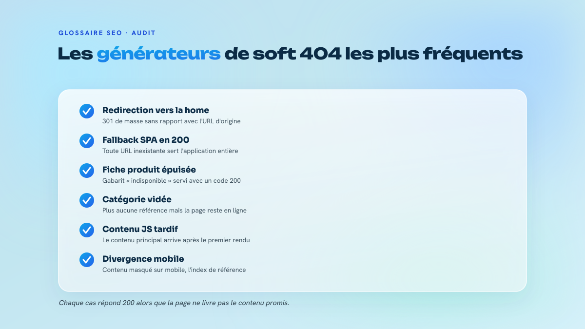 Checklist des situations qui fabriquent des soft 404 : redirections de masse vers la page d'accueil, fallback de SPA servi en 200, fiche produit épuisée, catégorie vidée, contenu chargé tardivement en JavaScript, divergence entre mobile et desktop.