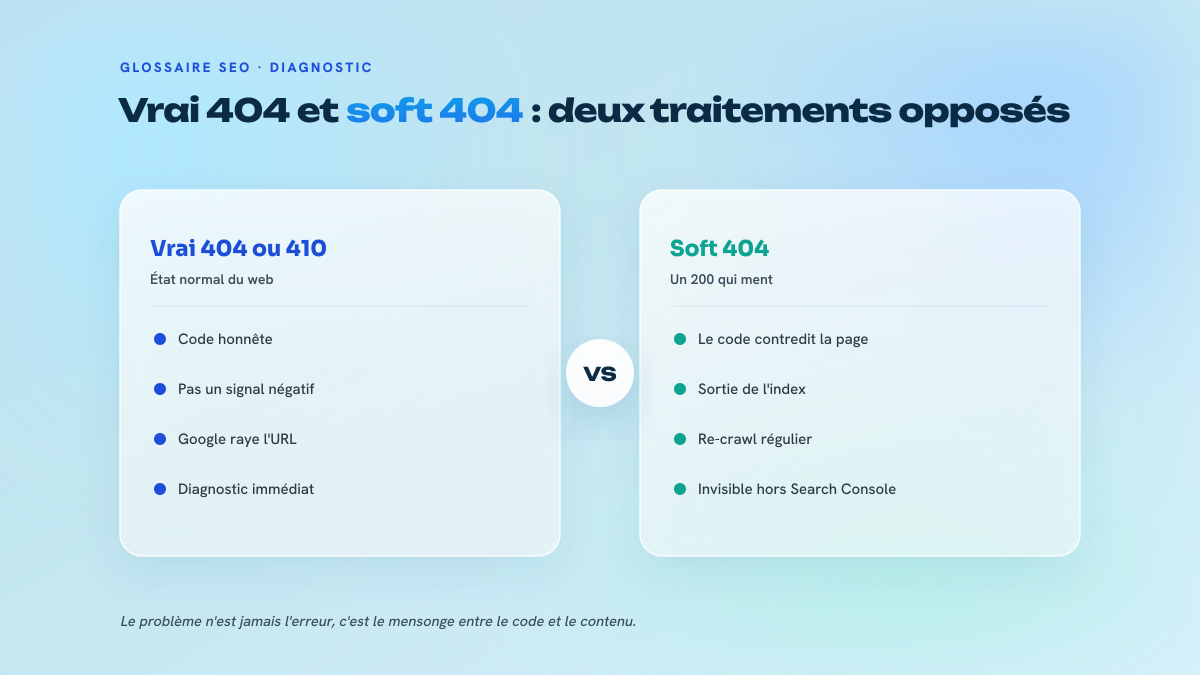 Comparaison en deux colonnes : à gauche le vrai 404 ou 410, état normal du web au diagnostic immédiat ; à droite le soft 404, un code 200 qui ment, désindexé et visible uniquement dans la Search Console.