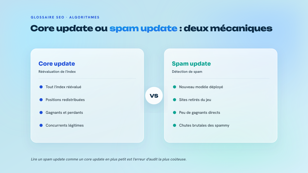 Comparaison en deux colonnes : le core update réévalue la pertinence de tout l'index et redistribue les positions, le spam update déploie une détection qui retire les sites spammy du jeu.
