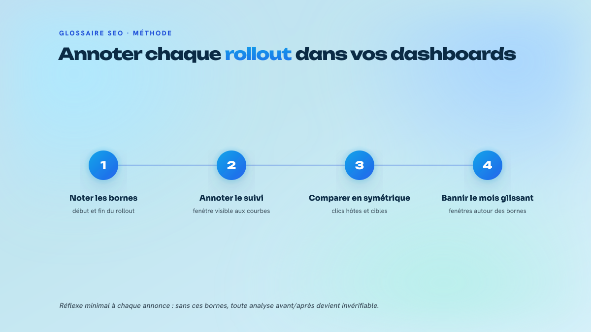 Processus en trois étapes pour mesurer l'effet d'un spam update : noter les bornes du rollout, annoter les dashboards de suivi, comparer les courbes sur des fenêtres symétriques.