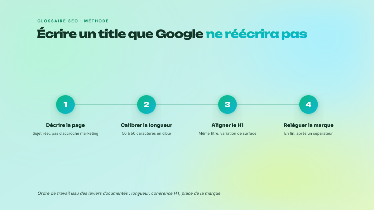 Figure en quatre étapes numérotées présentant la méthode de rédaction d'une balise title résistante à la réécriture : décrire la page, calibrer la longueur entre 50 et 60 caractères, aligner le H1 sur le title, placer la marque en position finale.