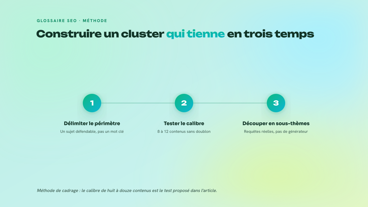 Processus en trois étapes pour bâtir un topic cluster : délimiter un périmètre défendable, vérifier le calibre par le test des huit à douze contenus, puis découper en sous-thèmes à partir de requêtes réelles.