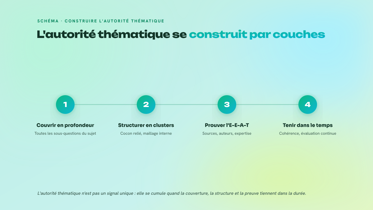 Les quatre couches qui construisent l'autorité thématique d'un site : couvrir le sujet en profondeur en traitant toutes ses sous-questions, structurer les pages en clusters reliés par le maillage interne, prouver l'E-E-A-T par les sources, les auteurs et l'expertise, puis tenir cette cohérence dans le temps sous l'évaluation continue de Google.