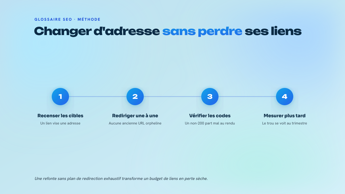 Quatre étapes numérotées d'une refonte d'URL : recenser les adresses ciblées par des liens, rediriger une à une, vérifier les codes de statut, mesurer au trimestre suivant.