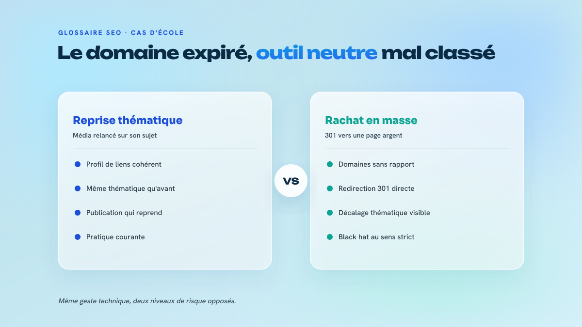Comparaison en deux colonnes de deux usages du domaine expiré : la reprise d'un média sur sa thématique d'origine face au rachat en masse redirigé en 301 vers une page argent.