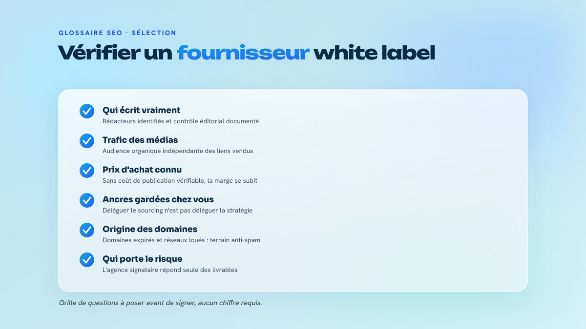 Liste de six points de vérification à passer avant de retenir un prestataire SEO en white label : auteur des contenus, trafic des médias, prix d'achat, stratégie d'ancres, origine des domaines et responsabilité finale.